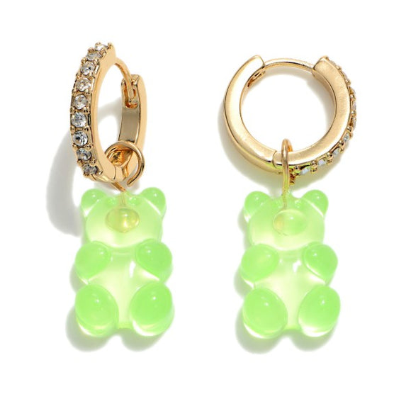 Light Green Candy Bear Charm Crystal Huggie Hoop Earrings