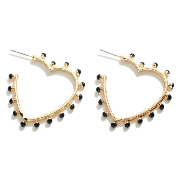 Studded Black Enamel Heart Hoop Earrings