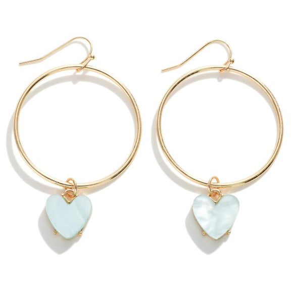 Light Blue Heart Charm Hoop Circle Dangle Drop Earrings