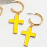 Yellow Enamel Cross Charm Hoop Earrings