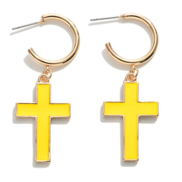 Yellow Enamel Cross Charm Hoop Earrings
