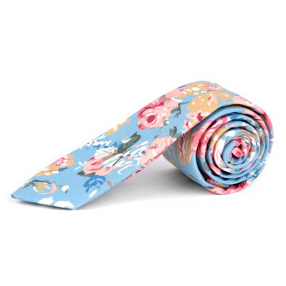Pink Blue Floral Cotton Slim Tie 2.5