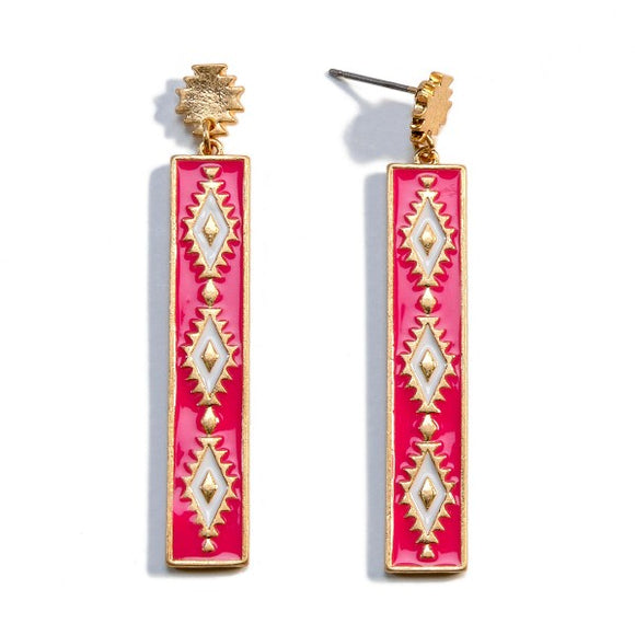 Aztec Enameled Rectangle Drop Dangle Earrings Fuchsia Pink