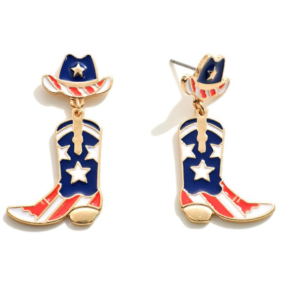 American Americana Patriotic Stars Stripe Enamel Cowboy Boots Hat Dangle Drop Earrings