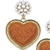 Orange Chenille Cluster Pearl Glitter Heart Patch Drop Earrings
