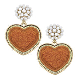 Orange Chenille Cluster Pearl Glitter Heart Patch Drop Earrings
