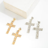 Metal Cross Drop Statement Earrings with Crystal Accents
