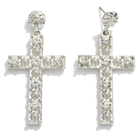 Metal Cross Drop Statement Earrings with Crystal Accents