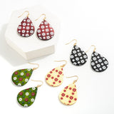 Wooden Teardrop Snowflake Print Drop Earrings Red Beige