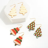 Argyle Print Wooden Christmas Tree Drop Earrings Red Green White