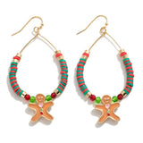 Green Red Heishi Beaded Teardrop Earrings With Gingerbread Man Charm