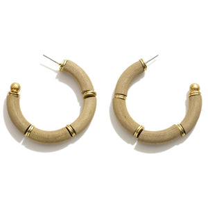 Gray Wood Tube Beaded Hoop Earrings