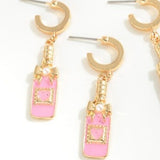 Pink Enamel Champagne Heart Pearl Dangle Charm Huggie Hoop Earrings