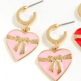 Pink Enamel Heart Ribbon Charm Dangle Huggie Hoop Earrings