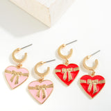 Pink Enamel Heart Ribbon Charm Dangle Huggie Hoop Earrings