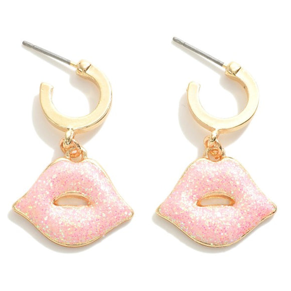 Pink Glitter Lip Charm Hoop Dangle Earrings