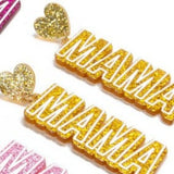 Gold Glitter Acrylic MAMA Drop Earrings With Heart Accents