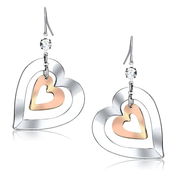 Two Tone Crystal Heart Dangle Drop Earrings