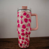 Strawberries Printed Stainless Steel Tumbler 40 oz with Handle Peach Pink