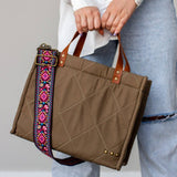 Olive Quilted Tote Bag with Embroidered Strap