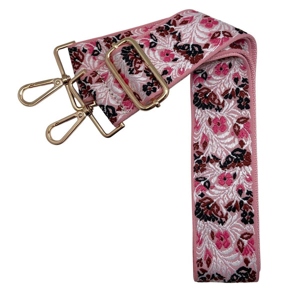 Cherry Pink Floral Embroidered Boho Adjustable Crossbody Bag Purse Guitar Strap