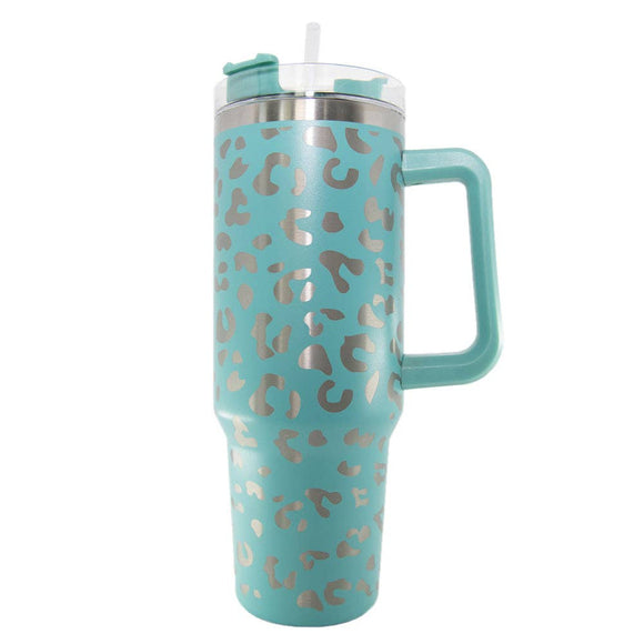 Mint Silver Metallic Leopard 40 oz Stainless Steel Tumbler Cup with Handle