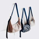 Khaki Washed Canvas Crossbody Hobo Bag with Adjustable Logo Strap