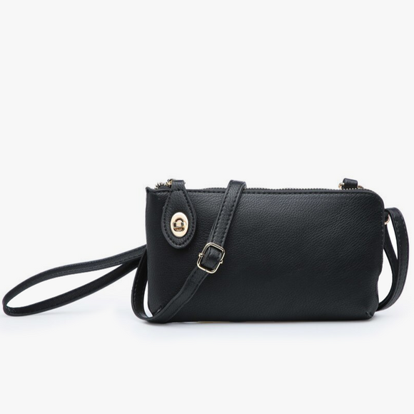 Classic Black Crossbody Wristlet Clutch with Twist Lock Closure