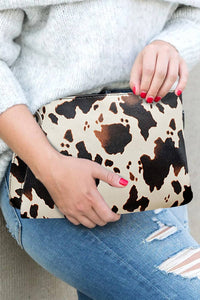 Brown Cream Cow Print Handbag Oversized Clutch Purse