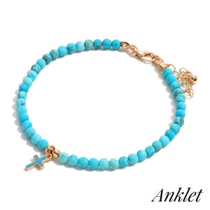 Turquoise Semi-Precious Natural Stone Beaded Anklet Enamel Cross Charm