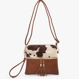 Brown Cow Print with Brown Accents Crossbody Wristlet Front Zip Pocket Tassels