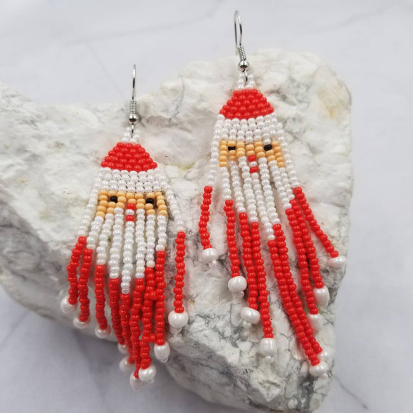Santa Beaded Christmas Dangle Earrings Red White