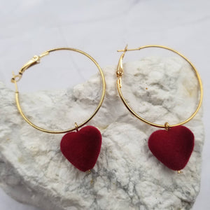 Red Pom Pom Heart Hoop Earrings