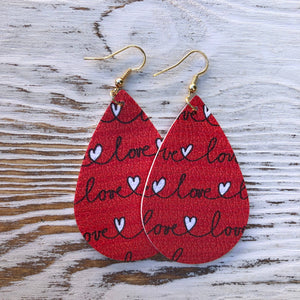 Red Love Scrawled Hearts Teardrop Dangle Earrings