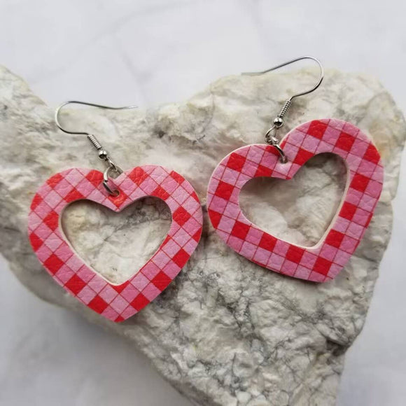 Pink Red Checkered Heart Earrings