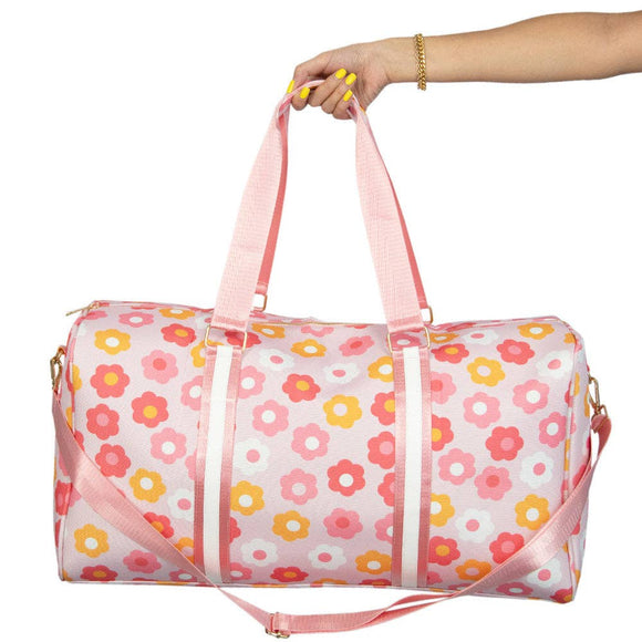 Pink Orange White Groovy Flowers Travel Weekender Duffle Bag with Crossbody Strap