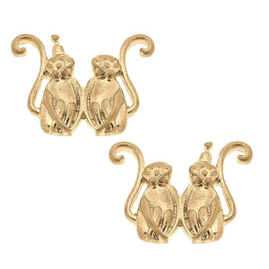 Double Monkey Stud Earrings Worn Gold