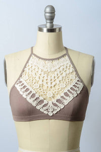 Mocha White Crochet Lace High Neck Bralette