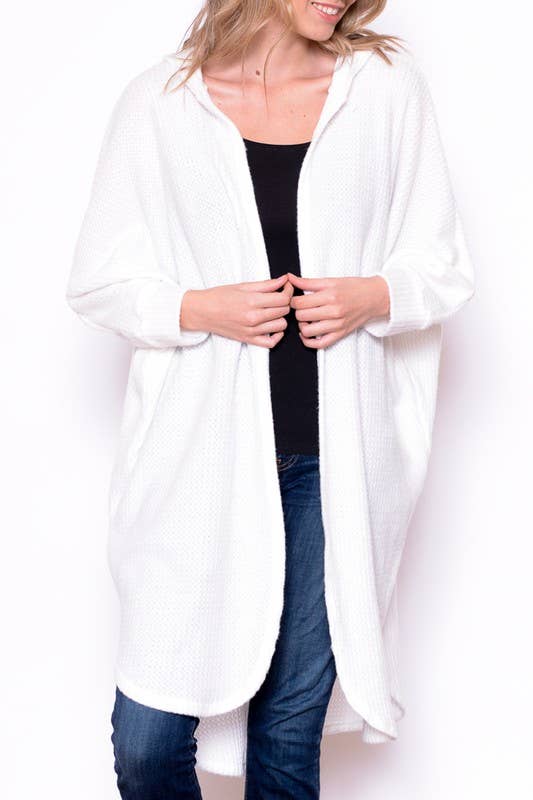 White Waffle Knit Solid Duster With Hoodie