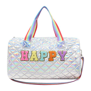Iridescent Silver Varsity Weekender Large Duffel Bag Happy Chenille Patch