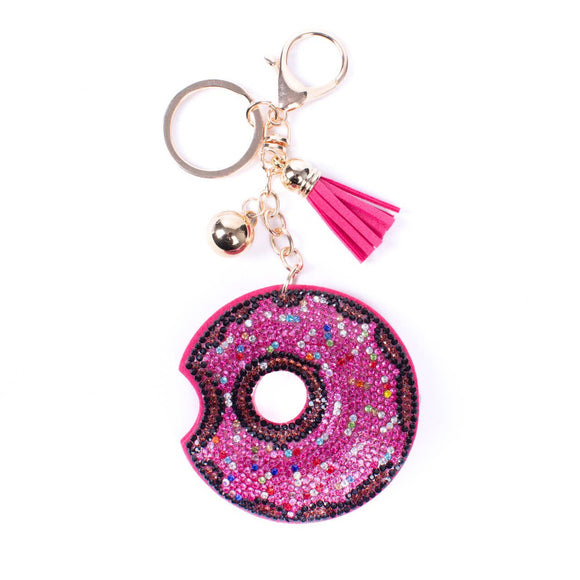 Bling Crystal Rhinestone Pink Sprinkled Donut Keychain Keyring Bag Charm Tassel Pink