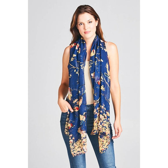 Birds and Cherry Blossom Printed Lightweight Scarf Wrap Navy Blue Yellow