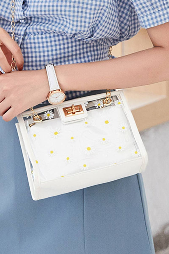 Mini Floral Daisy Transparent Square Crossbody Shoulder Bag with Inner Pouch White