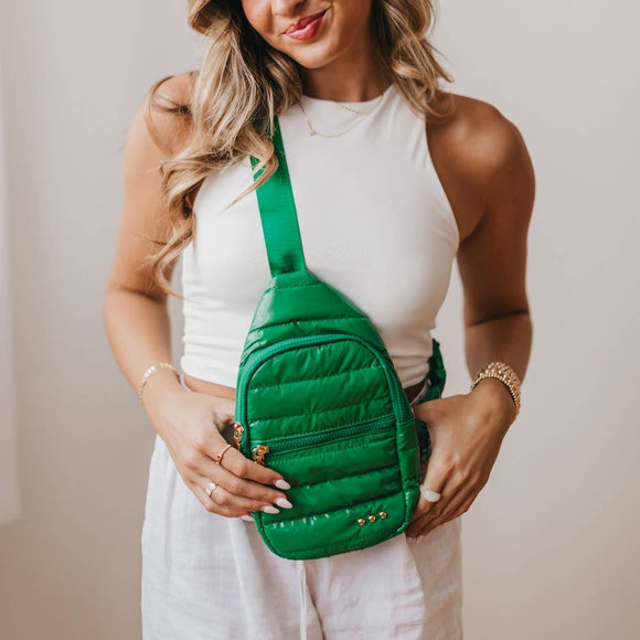 Shiny Emerald Green Quilted Puffer Sling Crossbody Bag