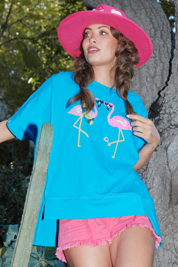 Bright Blue Fun Flamingo Sequin Patch Tee