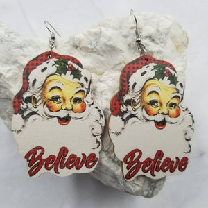 Wood Old Fashion Believe Santa Christmas Earrings