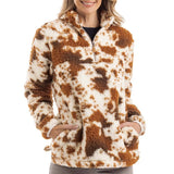 Brown Cream Cow Print Sherpa 1/4 Zip Pullover with Pockets