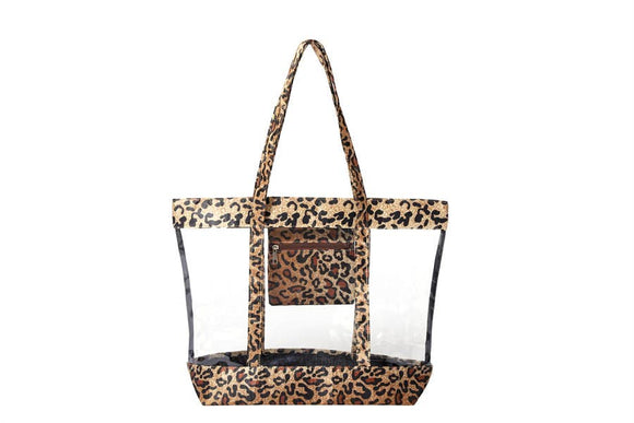 Ladies Cheetah Print Clear See Thru Tote Handbag Beach Bag