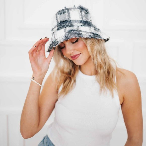 Black White Plaid Cotton Bucket Hat