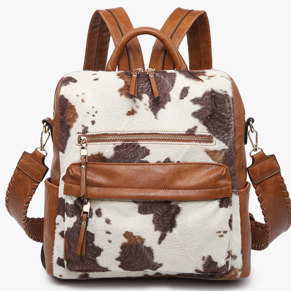 Convertible Backpack Brown White Cow print Western with Guitar Strap
